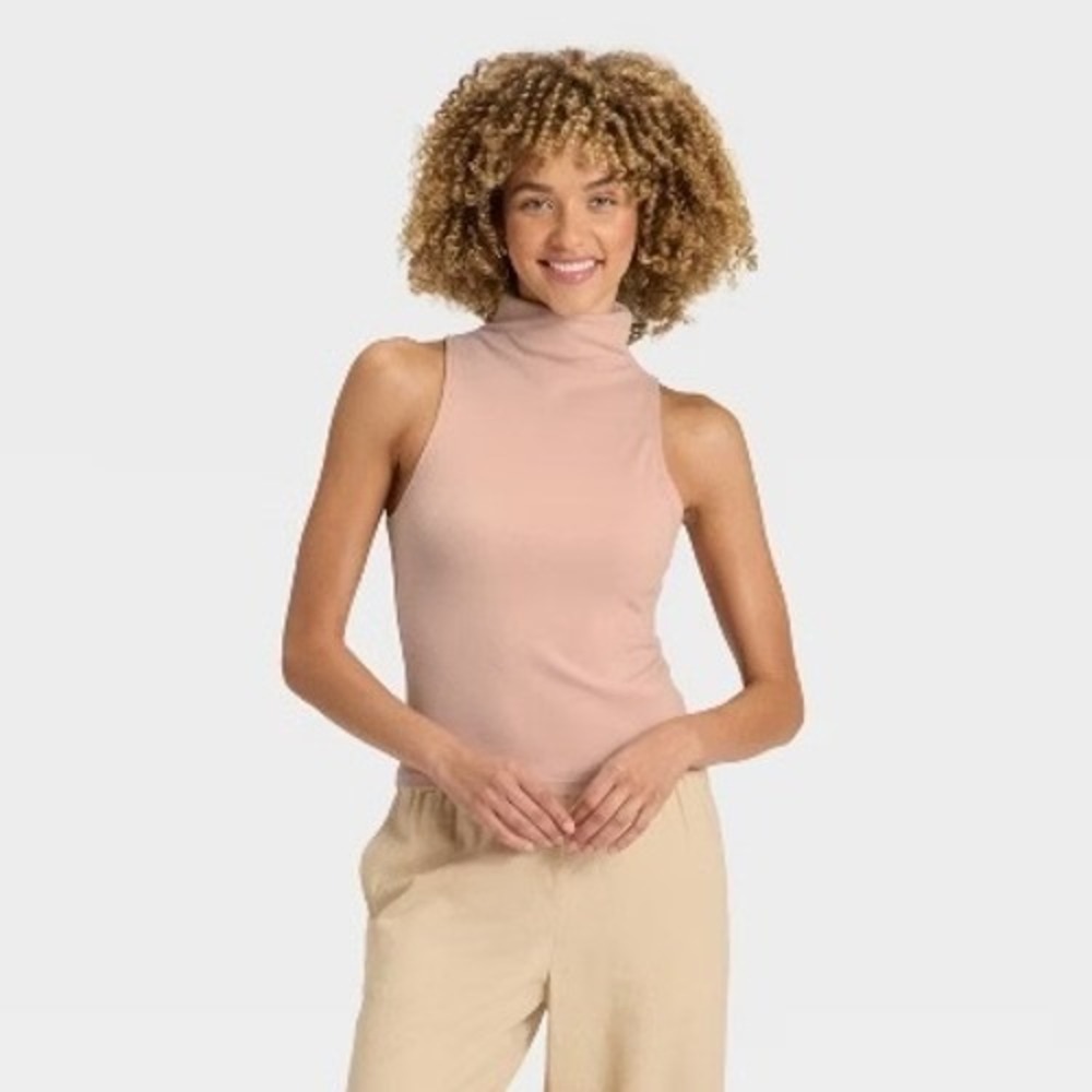A New Day Women Pink Mock Neck Sleeveless Brushed Microfiber Tank Top XS NWT